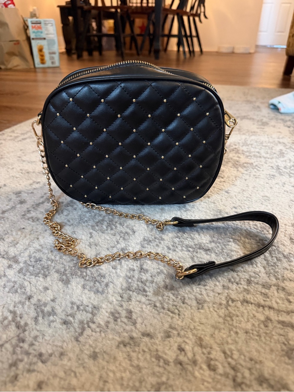 Quilted Studded Crossbody Bag in Black with Gold Chain